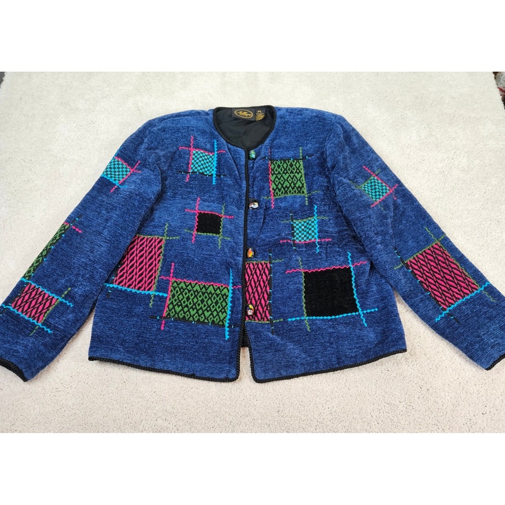 Abstract Patchwork Jacket Blue Chenille Multi Color Glass Button Front Womens PL